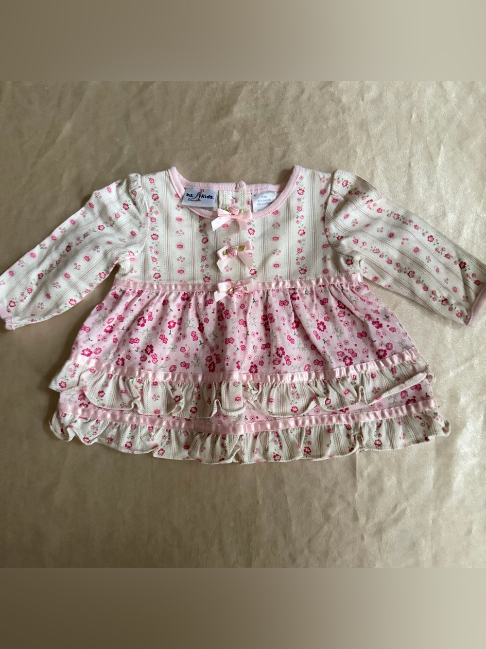 Vintage B.T. Kids Baby Girls Long Sleeve Tiered Floral Ruffle Top Pink Bows 6-9M